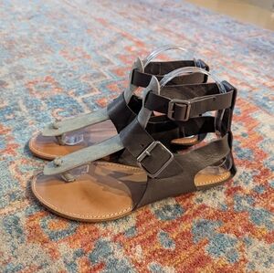 AGL Women's 37 US 7 Gladiator Style Leather Ankle Strap Sandals Brown Green
